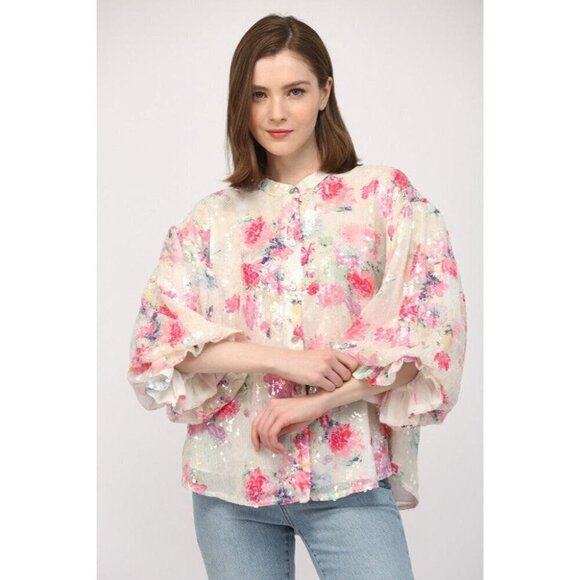 Floral Sequin Bubble Sleeve Blouse - Picture 12 of 12